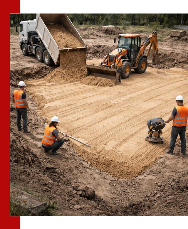 Устройство песчаной подушки для фундаментов и дорог в находке